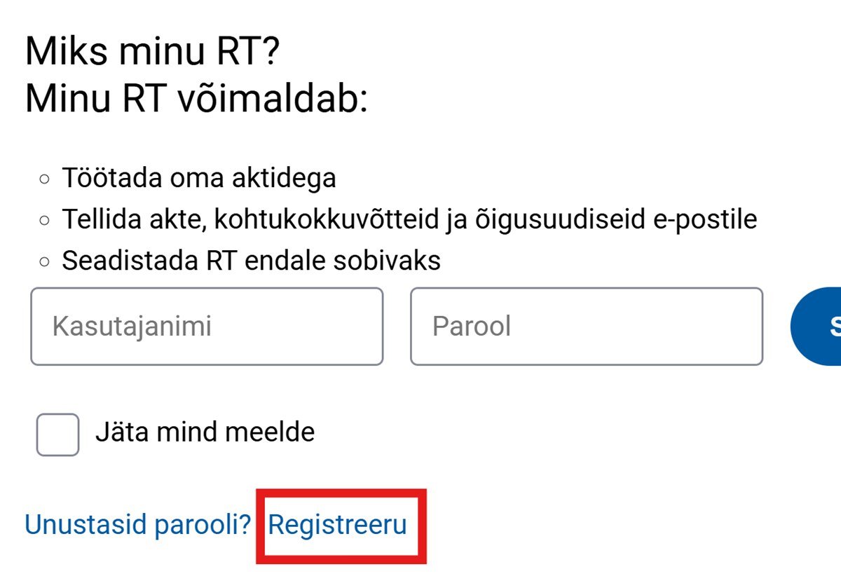 Minu RT sisselogimisaken, kus link Registreeru on punase raamiga märgitud