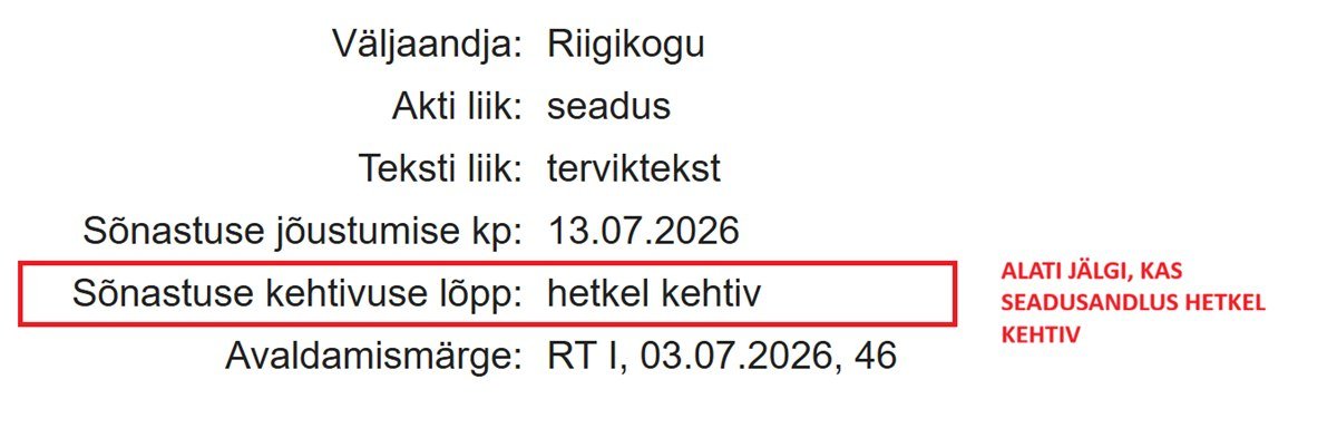 Akti lehe andmed: teksti liik, sõnastuse jõustumise kuupäev, sõnastuse kehtivuse lõpp ja avaldamismärge